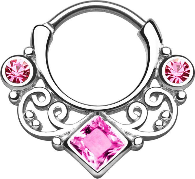 Actual product image Star Piercing Septum with two round and one large square crystal pink (Brass, Surgical steel 316L)