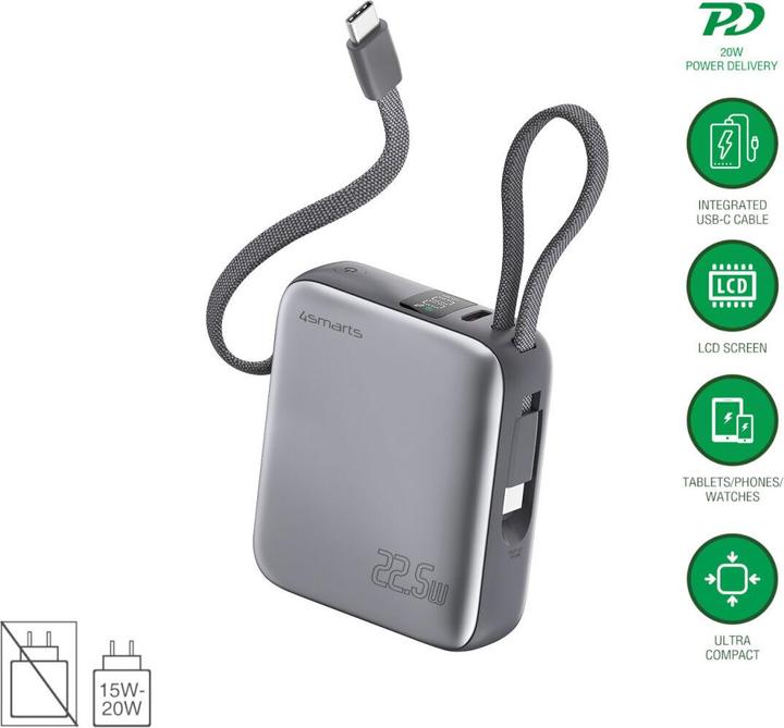 Produktbild 4smarts Powerbank Pocket Dual Cord (10000 mAh, 22.50 W, 38.50 Wh)