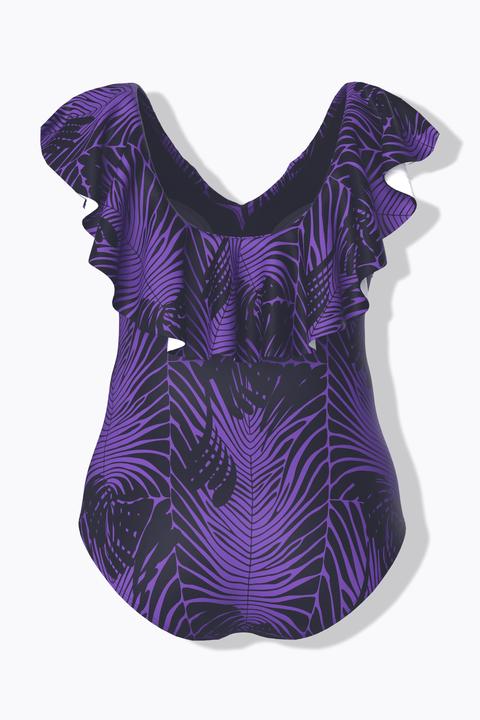 Actual product image Ulla Popken Leaf Print Ruffle Shoulder Swimsuit (52)