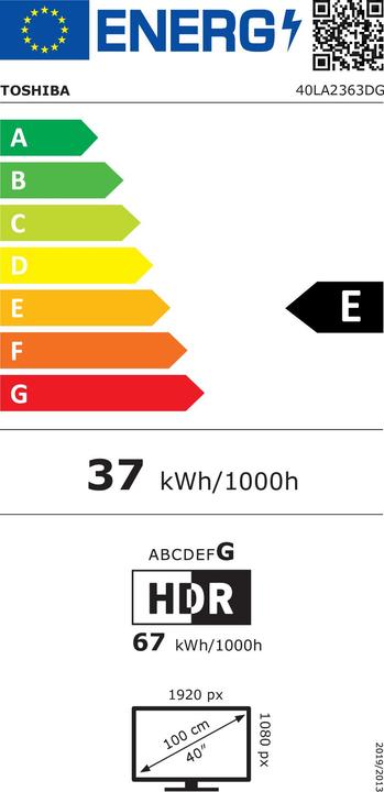 Energie-Label Toshiba TV Set||40"|4K/Smart|1920x1080|Wireless LAN|Bluetooth|Android TV|Black|40LA2363DG (40", LED, Full HD)
