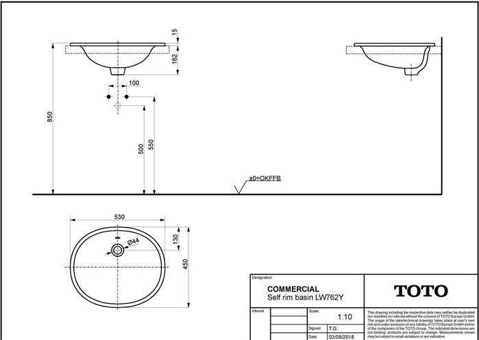 Actual product image TOTO Built-in washbasin 530mm o tap hole with overflow round white (450 mm, 530 mm)