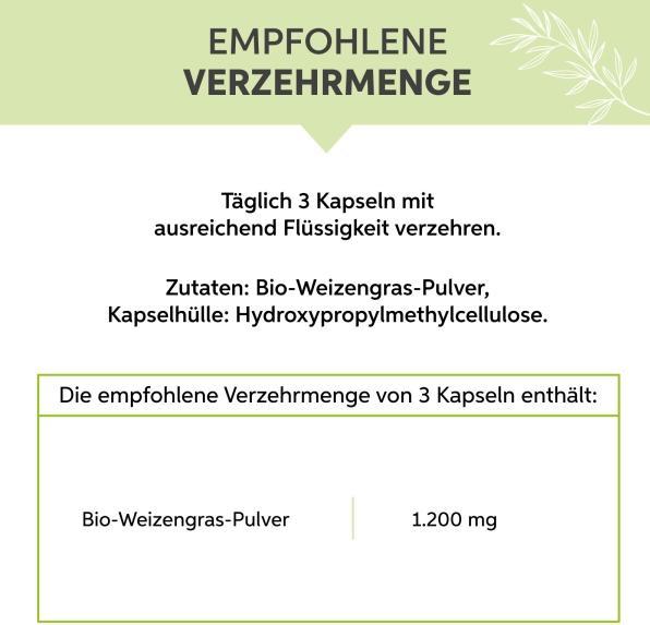 Valeurs nutritives et ingrédients Eltabia Gélules d'herbe de blé bio 100 (100 pièce(s), Capsules)
