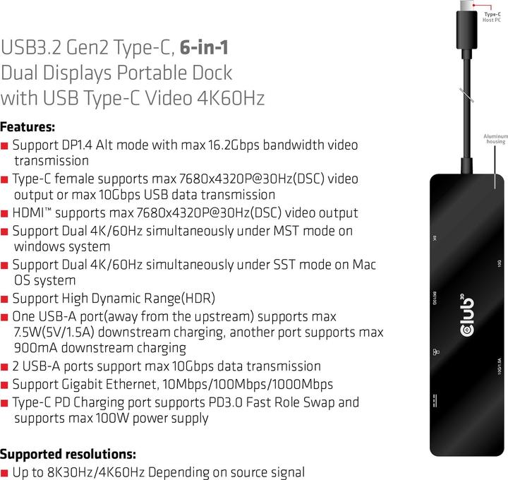 Actual product image Club 3D Club3D USB-C Dock > HDMI/USB-C(8K)/2xUSB/USB-C(PD100W)/RJ45 retail (USB-C, 6 ports)