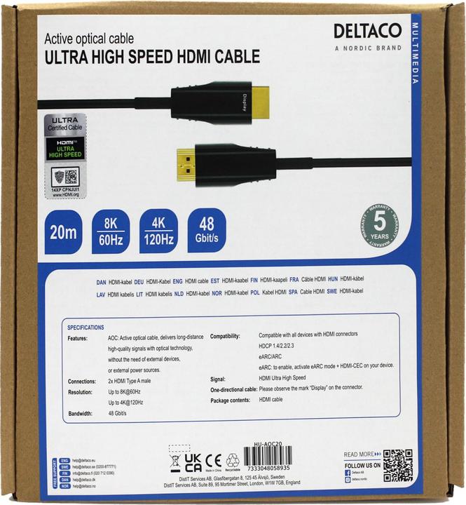 Produktbild Deltaco - AOC HDMI Kabel - Ultra High Speed Gecertificeerd - 20 Meter - Zwart (20 m, HDMI, 2.1)