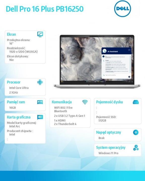Produktbild Dell Pro 16 Plus PB16250 W11P Ultra 5 Laptop (16", 512 GB, 16 GB, US)