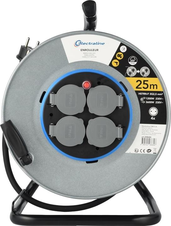 Actual product image Electraline Professional Cable Reel with 4 Outlets, IP44 Waterproof, Fixed Plate and Ergonomic Handle (25 m)