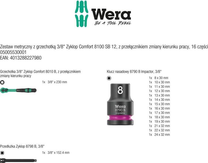 Produktbild Wera 8100 SB 12 Zyklop Comfort Knarrensatz (19 mm, 12 mm, 24 mm, 14 mm, 22 mm, 16 mm, 10  mm, 21 mm, 18 mm, 17 mm, 11 mm, 15 mm, 13 mm)