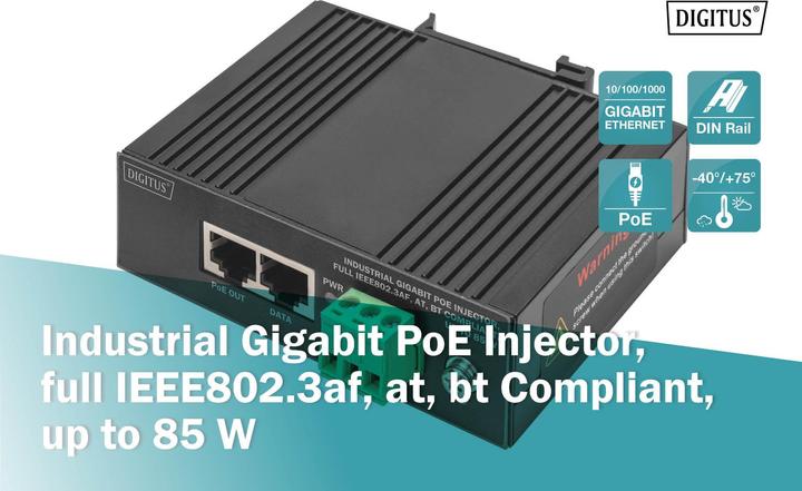 Produktbild Digitus PoE Injektor 1-Port 85W IEEE802.3af, at, bt (802.3af (PoE), 802.3bt (PoE++), 802.3at (PoE+), 85 W)