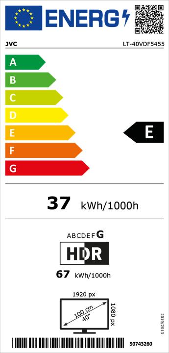 Energy Label JVC Fernseher 40 Zoll Smart TV VIDAA LT-40VDF5455 - Full HD Fernseher, HDR TV mit Triple-Tuner (40", LED, Full HD, 2025)