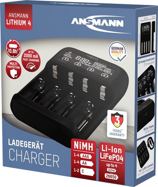 Actual product image Ansmann Lithium 4 Universalladegerät mit 2x 18650 Akkuzellen (2600mAh) Ladegerät (1 pcs., 14500, 16340, 17670, 18500, 18650, 22650, 26650, 2600 mAh, Battery + charger)