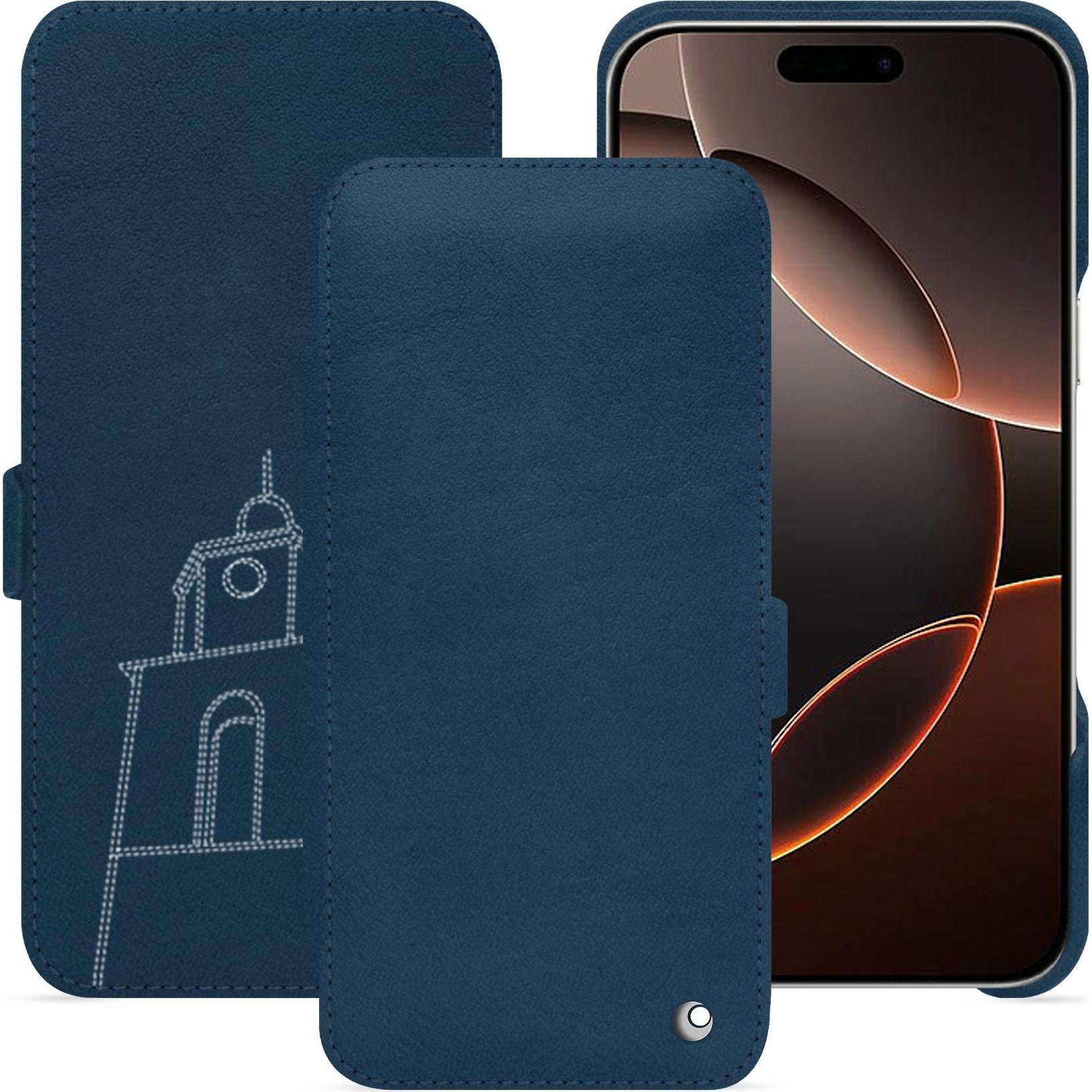 Noreve Lederschutzhülle horizontal (Apple iPhone 16 Pro), Smartphone Hülle, Blau