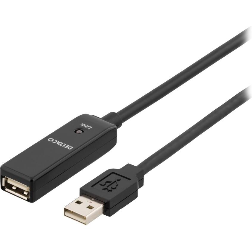 Deltaco Cable USB 2.0 extension, 5.0m, active, black (5 m, USB 2.0), USB Kabel