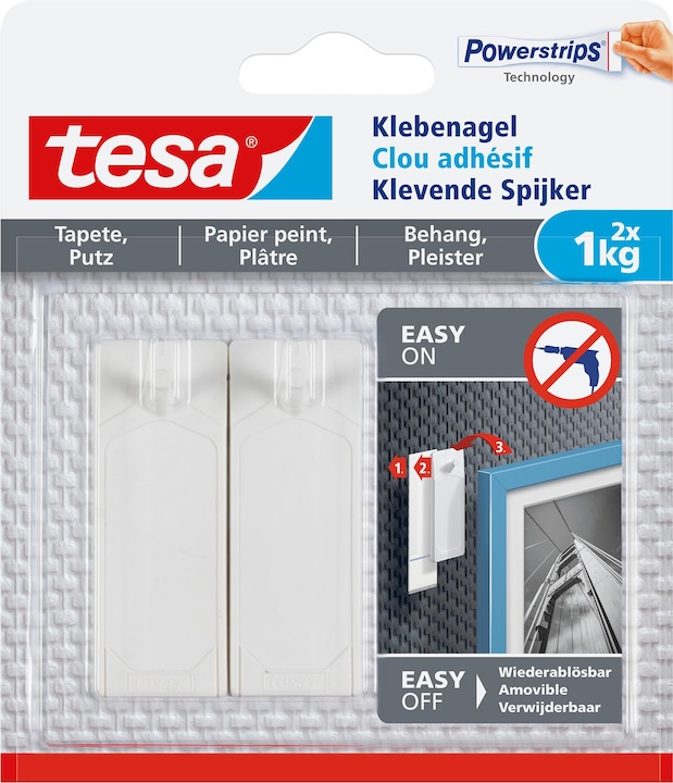 Adhesive nail for wallpaper & plaster, 1kg holding power, removable without a trace & reusable, 2