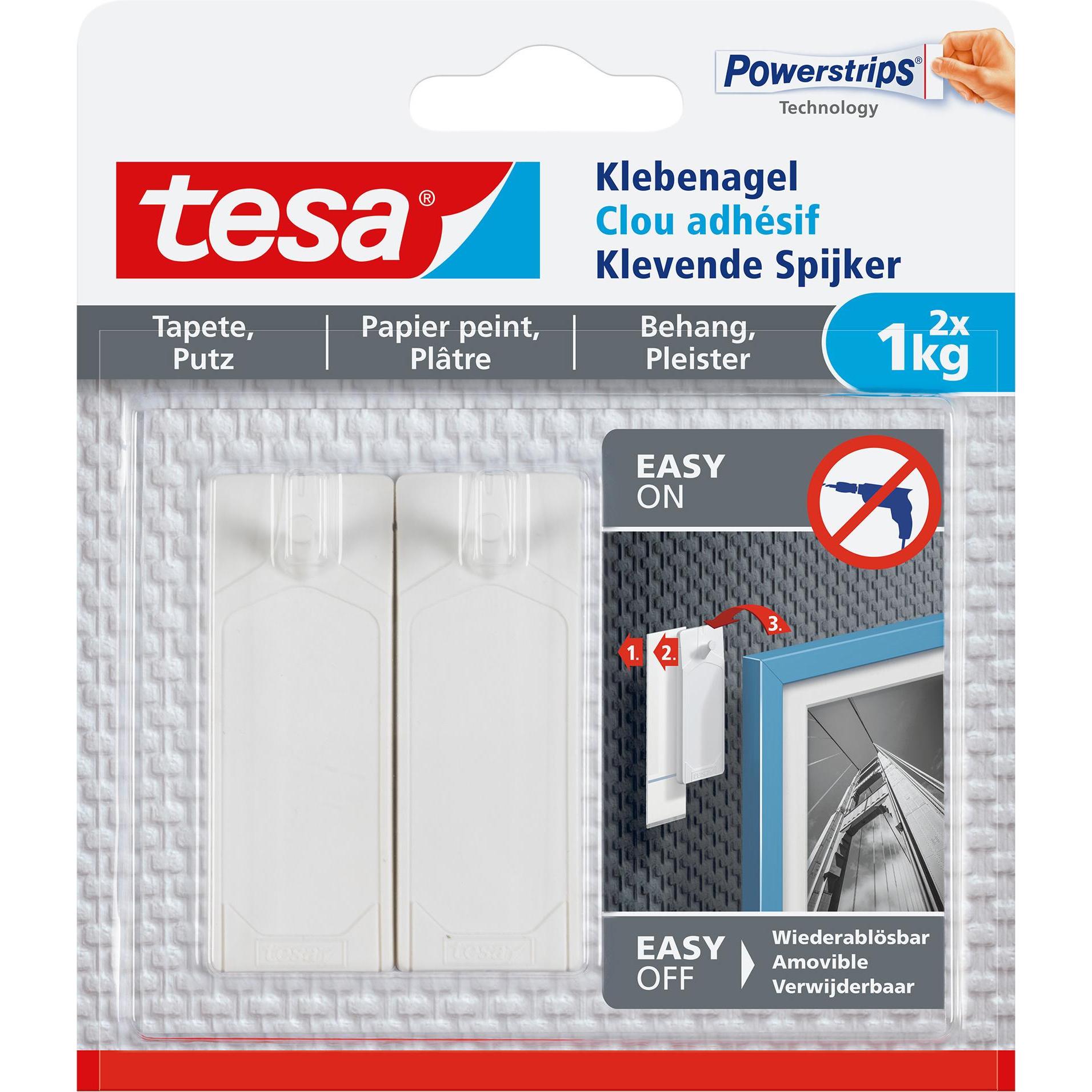 Thumbnail - tesa, Klebehaken + Klebenagel, Klebenagel für Tapete & Putz, 1kg Halteleistung, spurlos ablösbar & wiederverwendbar, 2 N...