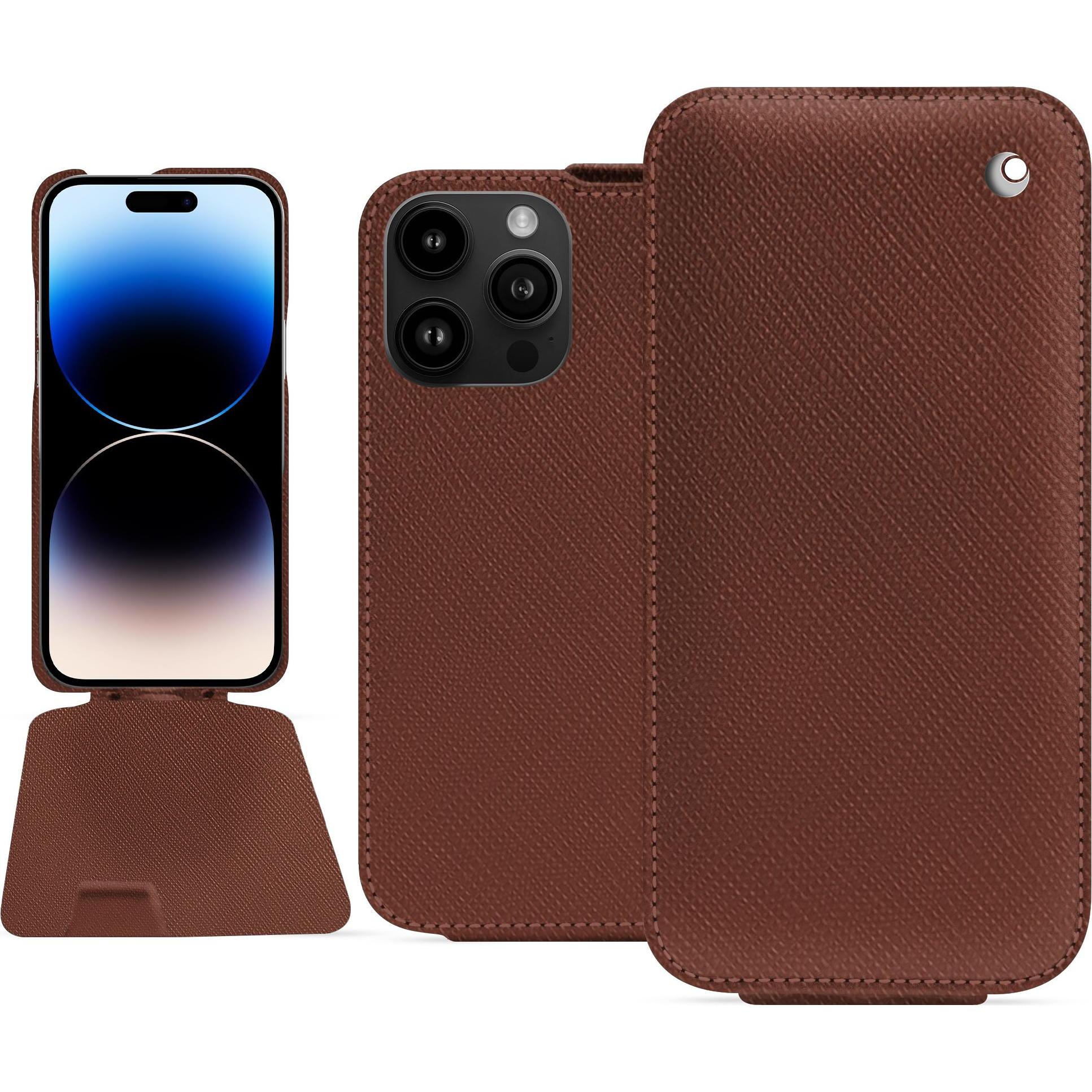 Noreve Lederschutzhülle vertikal (Apple iPhone 15 Pro Max), Smartphone Hülle, Braun