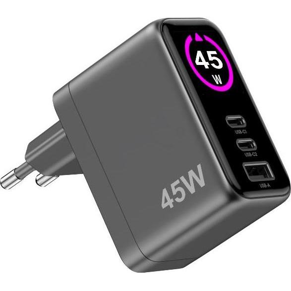 Celly USB-/USB-C-Netzteil, 45W mit LED-Display (45 W, 3 porte), Caricatore USB, Nero