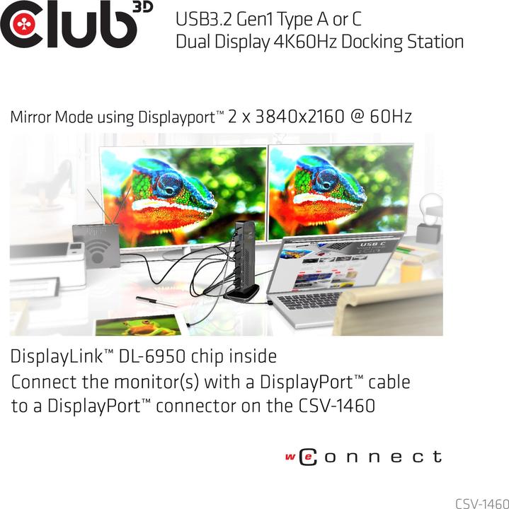 Image du produit Club 3D Station d'accueil à double affichage 4K60Hz (USB-B, 2 ports)