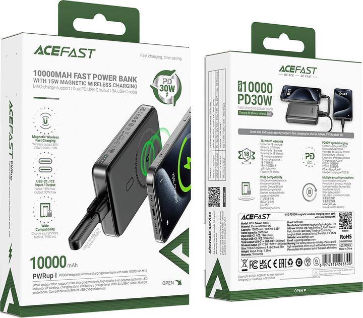 Actual product image Acefast Powerbank M10 Magnetic 2x USB-C PD 30W with 15W Inductive Charging and USB-C Cable - Black (10000 mAh, 30 W, 37 Wh)