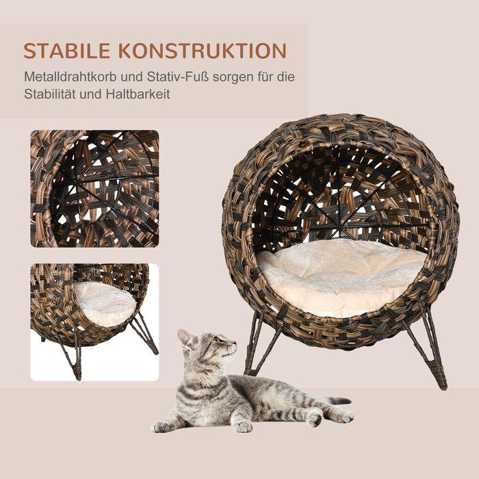 Produktbild Swisshandel24 Katzenhaus aus Rattan mit Kissen Katzenschlafplatz Katzenhöhle mit erhöhten Füssen Braun Ø52 x 58 cm (Katze)