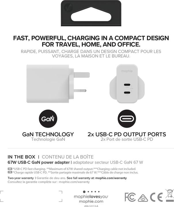 Image du produit mophie 409909305, Intérieure, Secteur, Blanc (67 W, 2 ports)