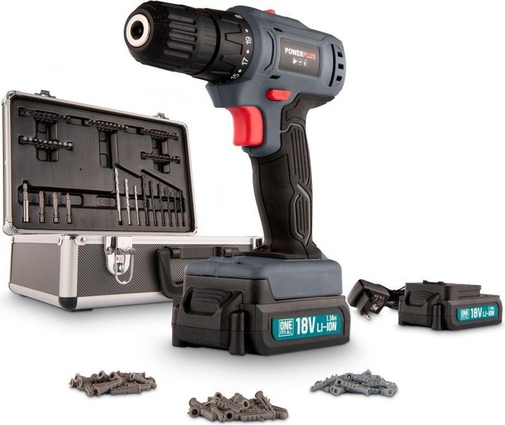 Immagine prodotto Powerplus Trapano avvitatore 18V - incluse 2 batterie ricaricabili 18V 1.3Ah e caricabatterie - 153 Acc. (Batteria ricaricabile)
