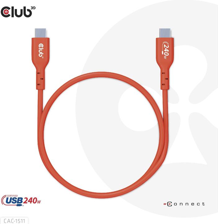 Actual product image Club 3D Club3D Cable USB 2 Type C PD 240W / 480Mb 1m St/St retail (1 m, USB 2.0, 240 W)