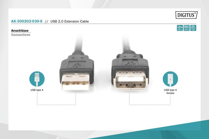 Image du produit Digitus USB A – USB A (3 m, USB 2.0, 2.50 W)