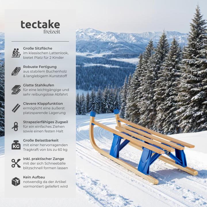 Actual product image tectake Folding wooden sled Jeffrey with pull rope, snowball tongs