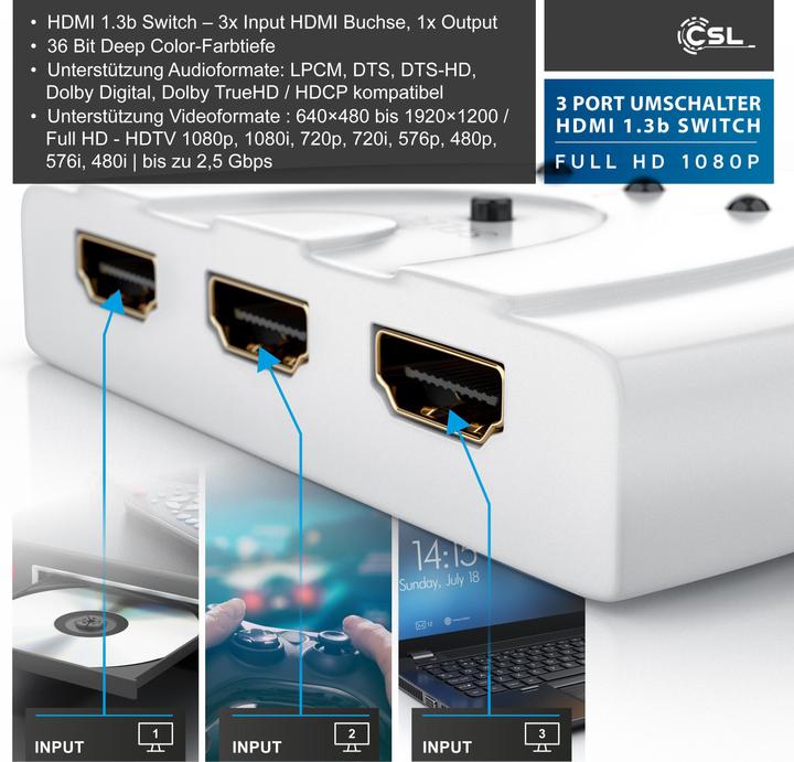 Produktbild CSL 3 Port HDMI Switch, Full HD, automatische Umschaltung / 3D / HDCP / CEC