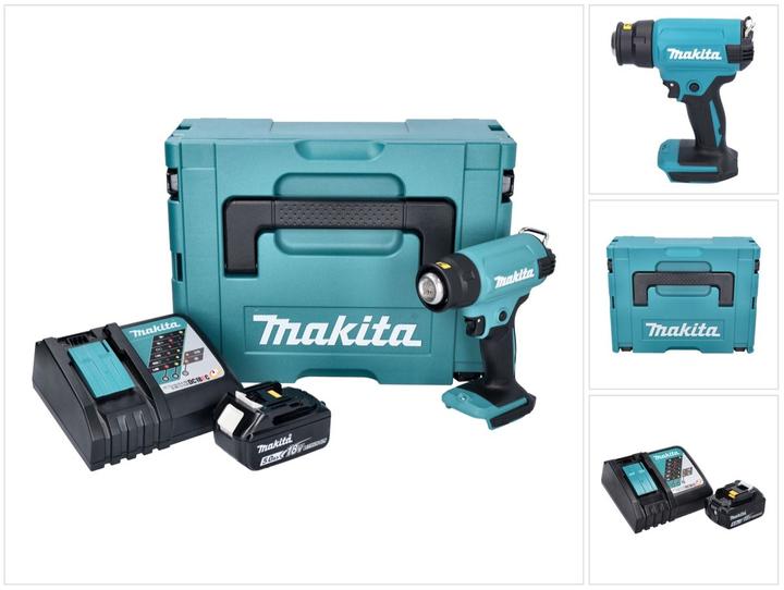 1x Makita DHG 180 batterie soufflerie d'air chaud, 1x Makita BL 1850 B 18 V 5,0 Ah batterie, 1x Makita DC 18 RC batterie chargeur rapide ( 195584-2 ), 1x Makita Makpac valise, 1x universel insert