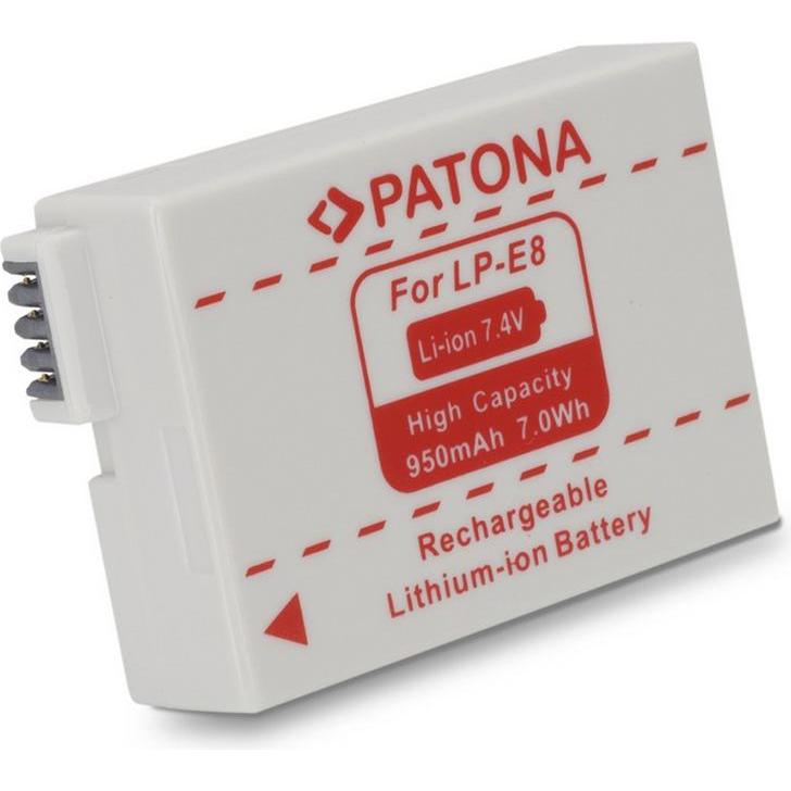 Patona Batteria LP-E8, 950 mAh / 7,4V (Batteria della fotocamera), Alimentatore fotocamera, Bianco