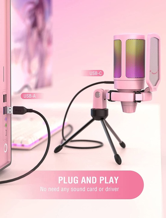Actual product image Fifine A6V USB RGB Gaming Mic pink