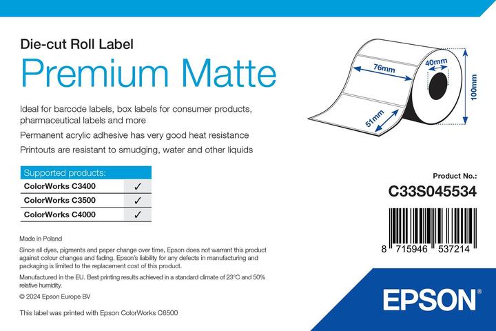 Actual product image Epson C33S045532 format labels matt die-cut 76mm x 51mm 650 PU=1 TM-C 3400 3500