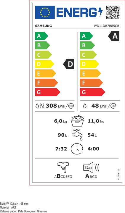 Label énergétique Samsung WD11DB7B85GBU3 Ai Control lave-linge séchant Ecodoser