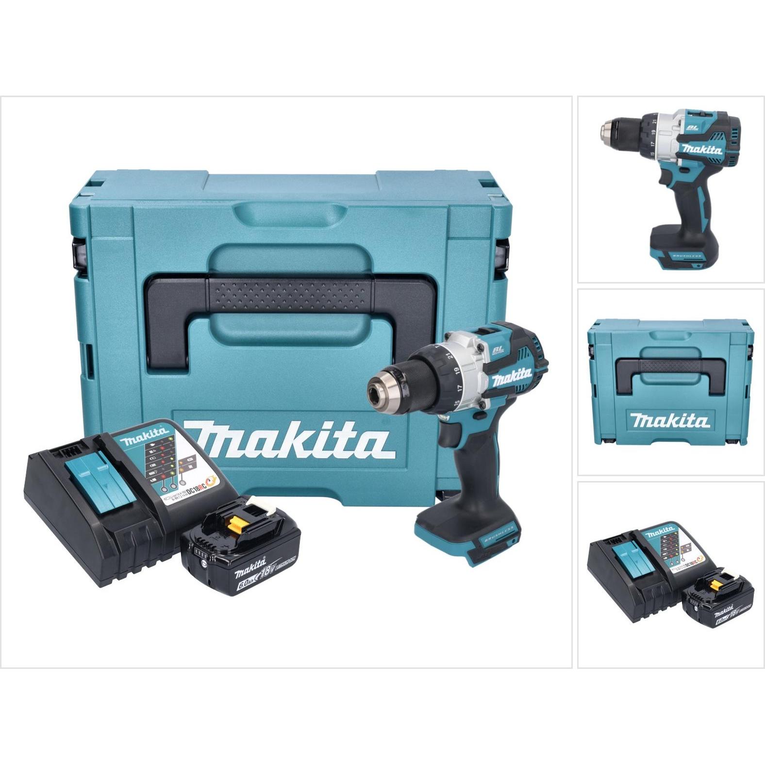 Makita, Bohrmaschine + Akkuschrauber, DHP 489 RG1J Akku Schlagbohrschrauber 18 V 73 Nm Brushless + 1x Akku 6,0 Ah + Lade...