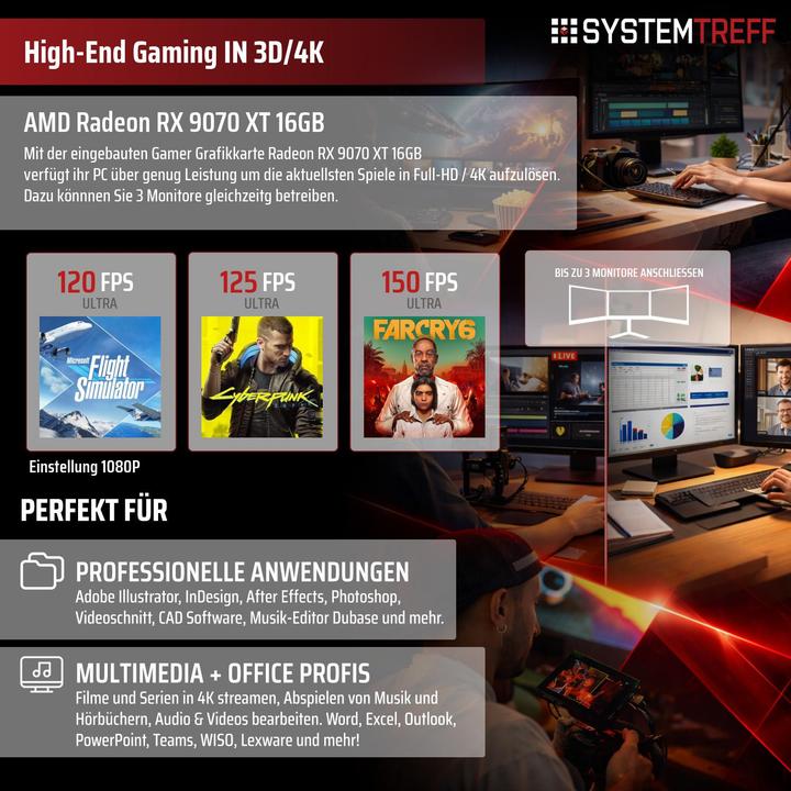 Produktbild SYSTEMTREFF Gaming PC G255850 (2000 GB, 32 GB, AMD Ryzen 9 9900X, Radeon RX 9070 XT)