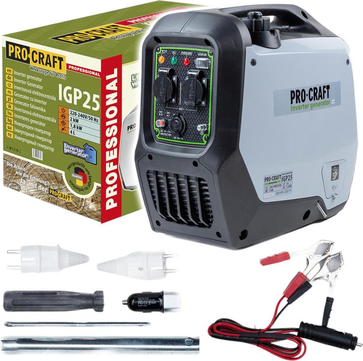 Produktbild Procraft IGP25 Benzin Inverter Generator Stromerzeuger 1800 W 4000 ml 2× 230 V, 1× 12 V DC Ausgang (1800 W, 4 l)