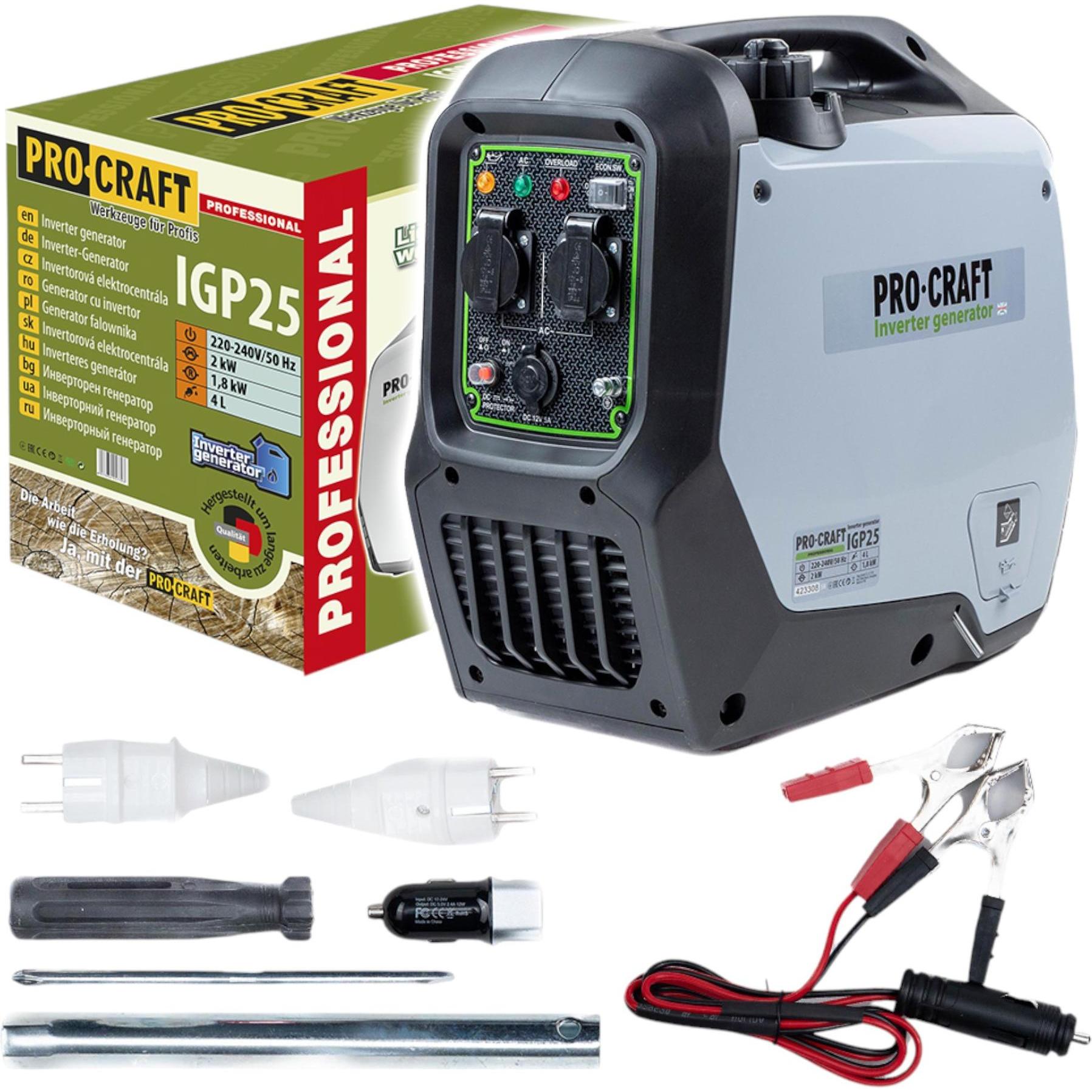 Procraft, Generatore di corrente, Generatore a benzina IGP25 Generatore di corrente 1800 W 4000 ml 2× 230 V, 1× 12 V DC (1800 W, 4 l)