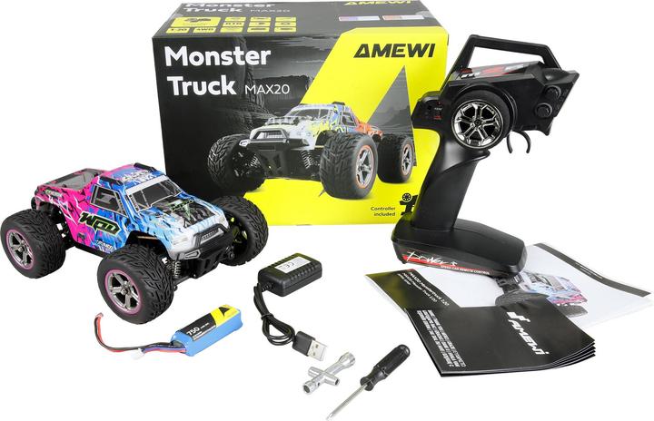 Image du produit Amewi MAX20 Monstertruck Brushed 4WD 1:20 RTR blau/pink (RTR Prêt à fonctionner)