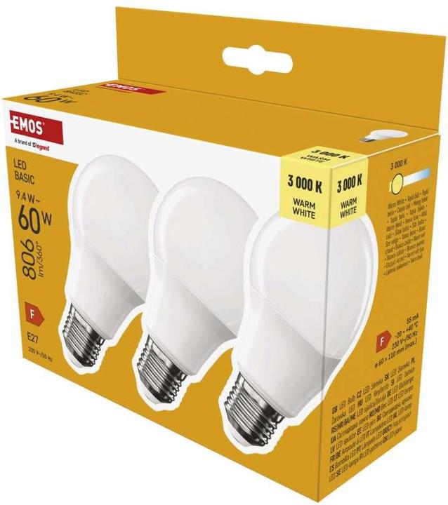 Produktbild Emos LED Lampe Basic A60 / E27 / 9,4 W (60 W) / 806 lm / Warmweiss (E27, 806 lm, 3x)