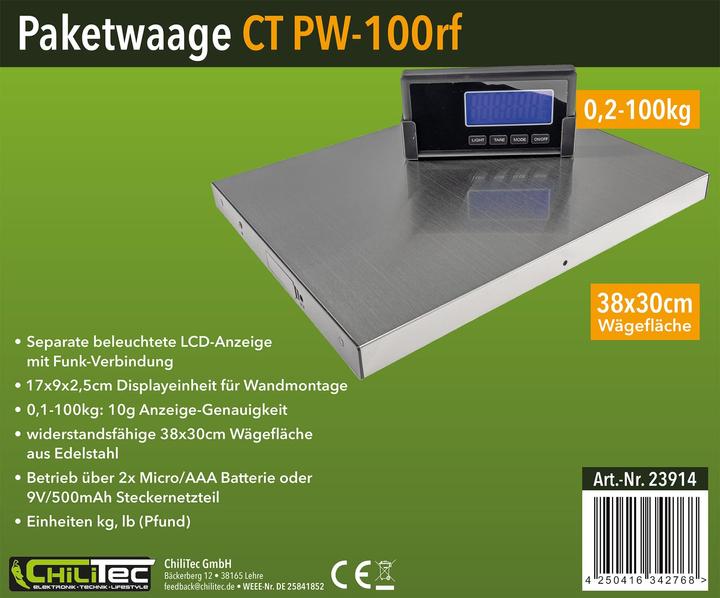 Productafbeelding Chilitec Pakketweegschaal / verzendweegschaal CT PW-100rf, 0,1...100 kg, 38x30 cm