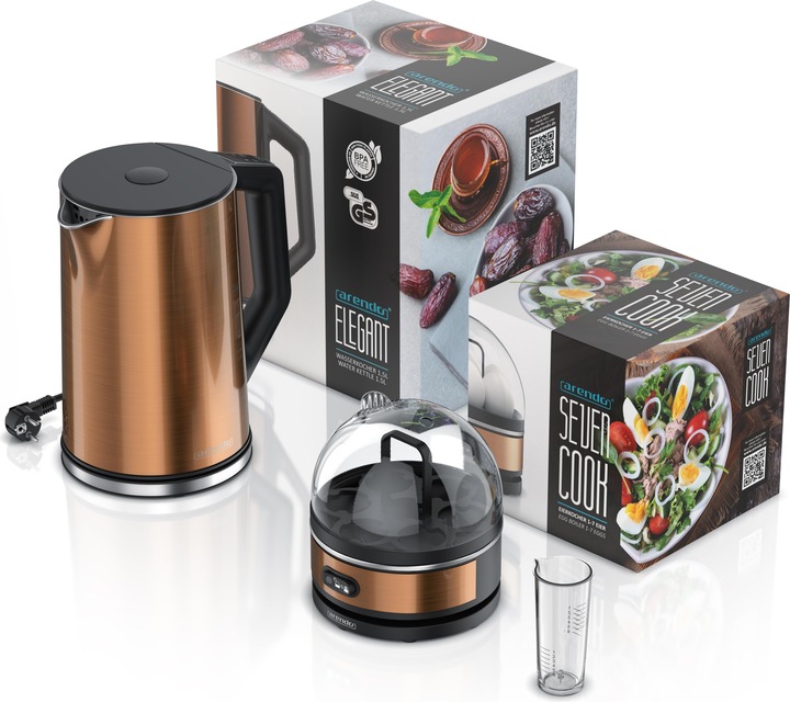 Actual product image Arendo Breakfast set stainless steel kettle 1.5l with temperature setting & egg boiler for 7 eggs, copper