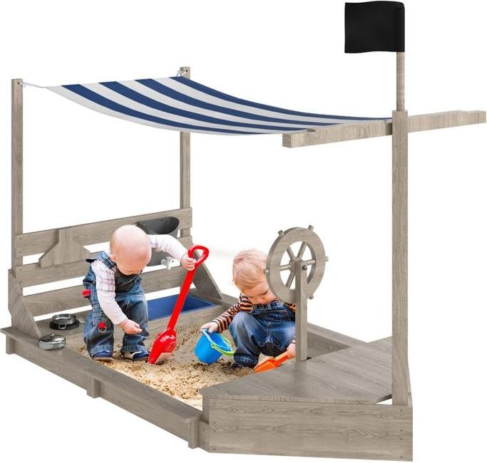 Actual product image Swisshandel24 Sandkasten Sandkiste gross mit Abdeckung im Schiff Design Matschekiste aus Holz, grau