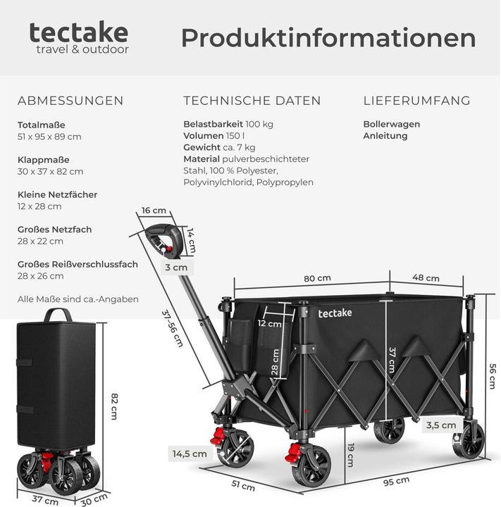 Produktbild tectake Bollerwagen RollRider faltbar, Teleskopgriff, Profilräder