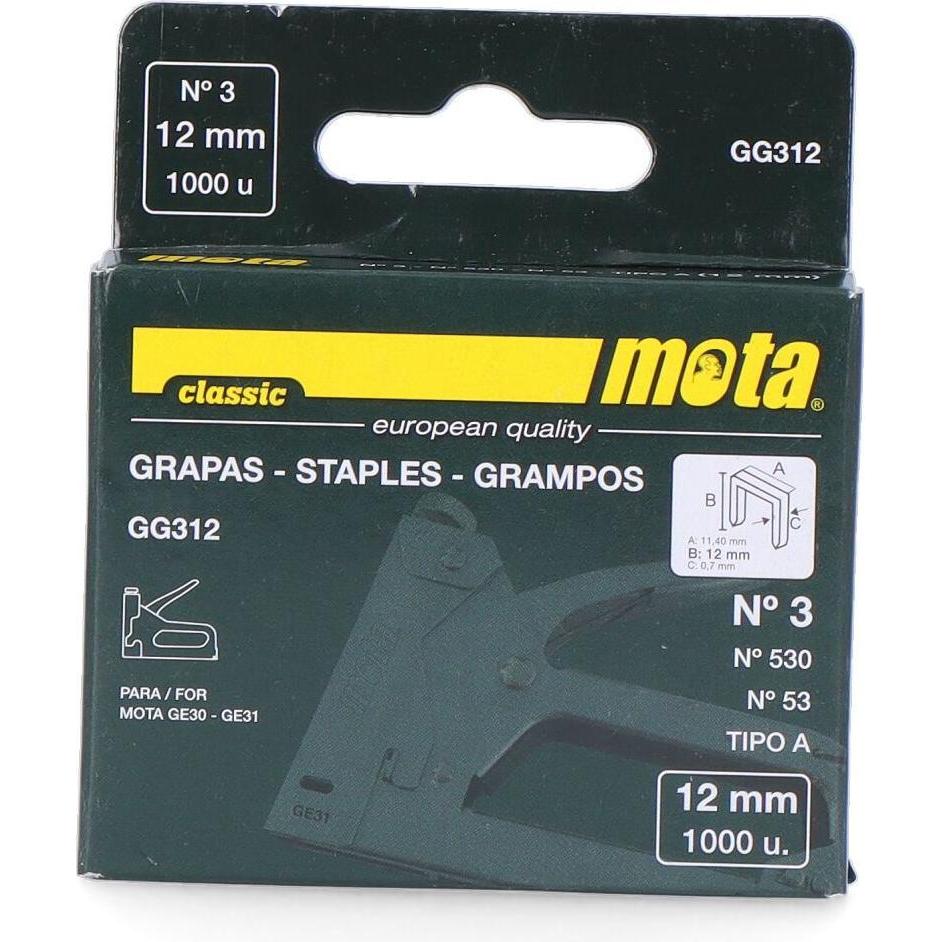 Mota Herramientas, Graffettatrice + Pistola sparachiodi, Graffette nº 3 da 12mm 1000 unità. spessore 0,7mm gg312 mota