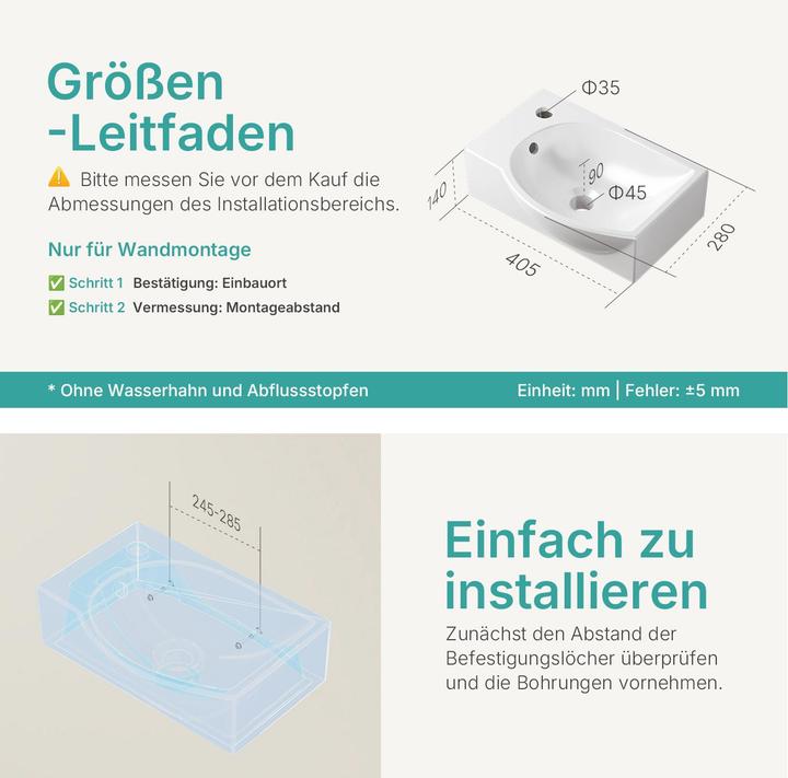 Produktbild Emke Wandwaschbecken 405 x 280 x 140 mm, Rechteckig, Keramik, Rechtes Hahnloch, Strahlend weiss (280 mm, 405 mm)