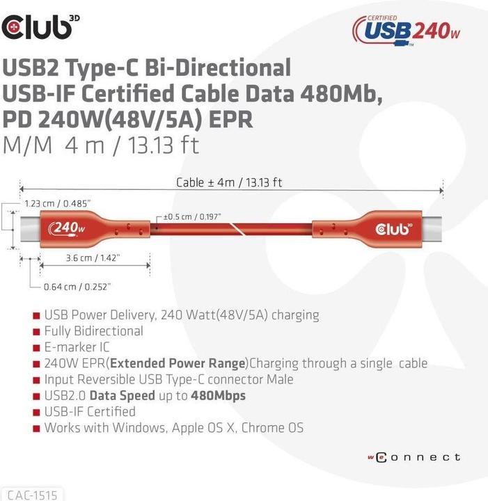 Image du produit Club 3D Club3D Câble USB 2 Type C PD 240W / 480Mb 4m St/St retail (4 m, USB 2.0, 240 W)