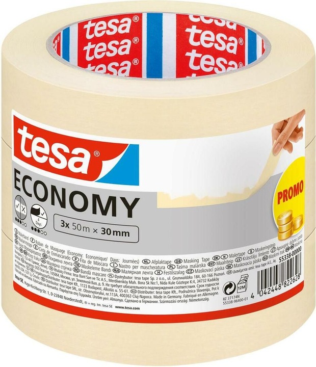 tesa 3x Malerband ECONOMY Abdeckband, Dreierpack (30 mm)