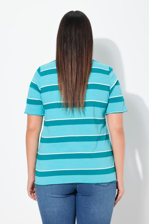 Image du produit Ulla Popken T-shirt rayé avec broderie, décolleté rond et manches courtes, bords roulottés (56)