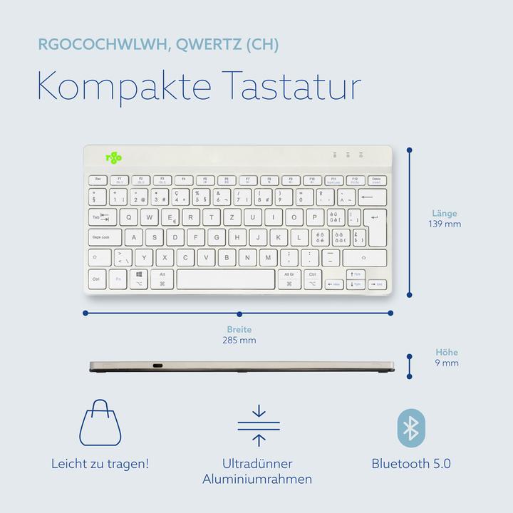 Actual product image R-Go Tools Compact Break R-Go keyboard, QWERTZ (CH), bluetooth, white, Mini, Wireless, Bluetooth, Sc (CH, Wireless)